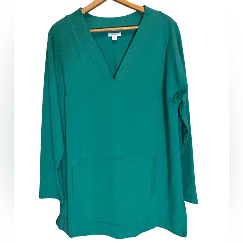 J.Jill Fit Green Tunic French Terry V-Neck Sweatshirt With Kangaroo Pocket Large